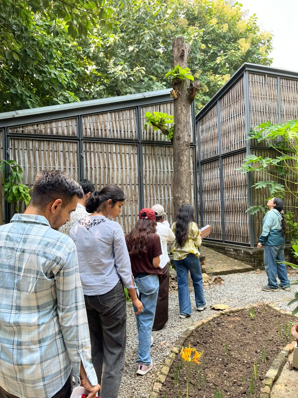 The JNU research team walking the permaculture zones at Farm8